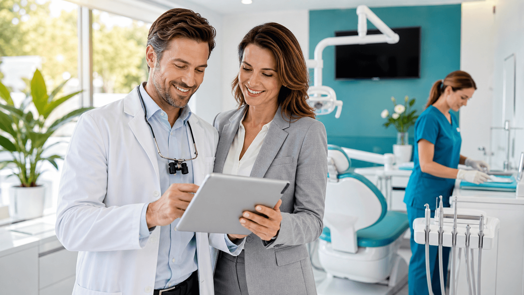 Futuristic dental workspace with glowing blue workflow icons circling a white tooth against a dark background.