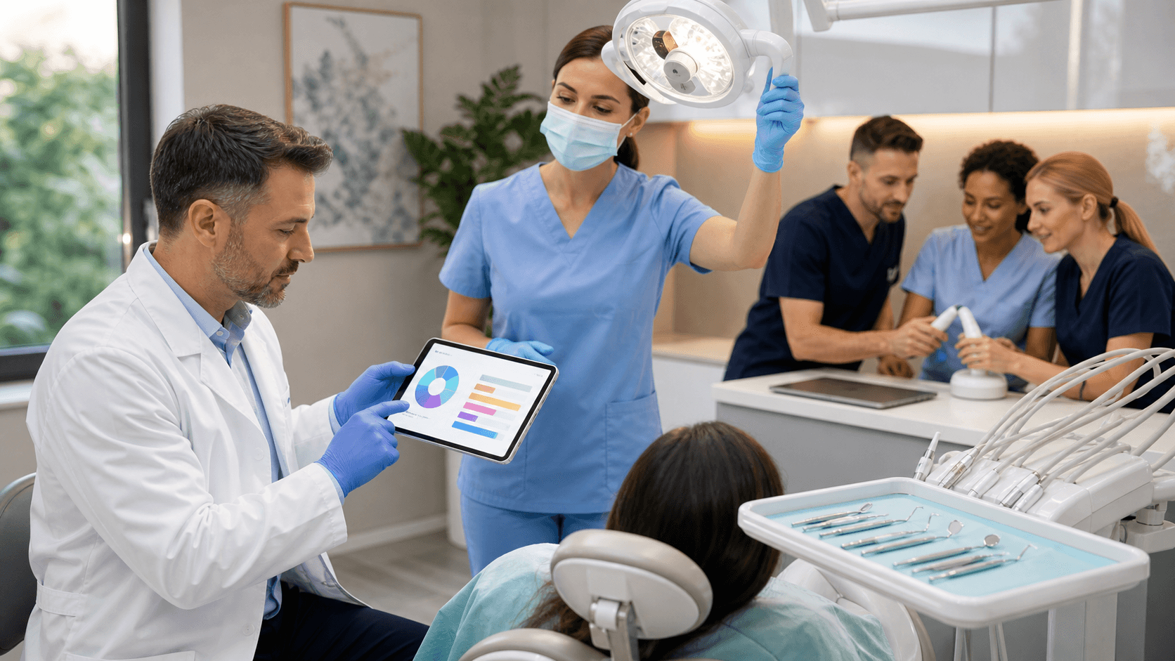 Dentist in white coat uses a tablet beside a dental chair, with teal-blue interface icons glowing in soft light.