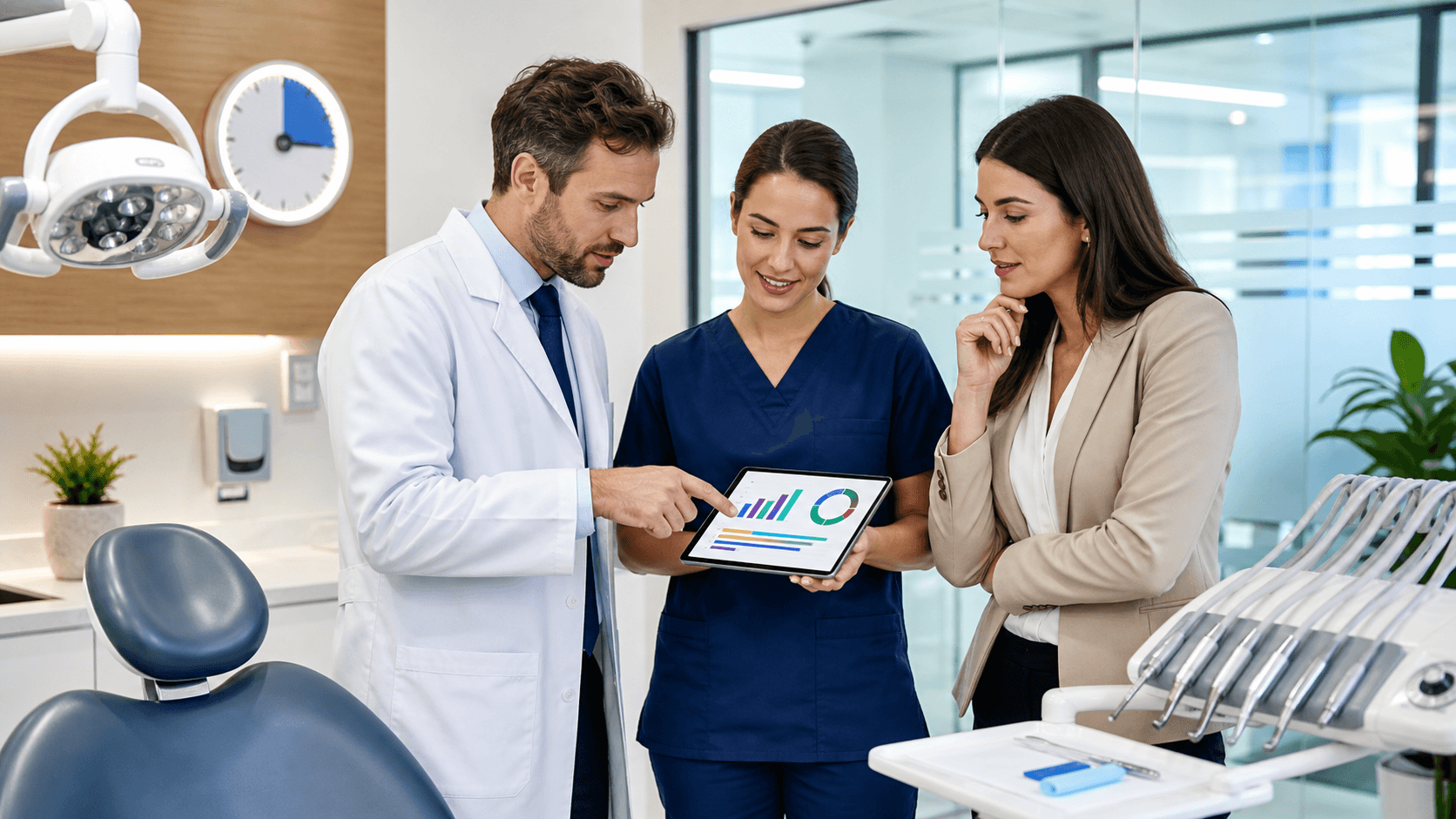 Modern dental office scene with a clinician reviewing charts beside a wall calendar and blue metric dashboard.