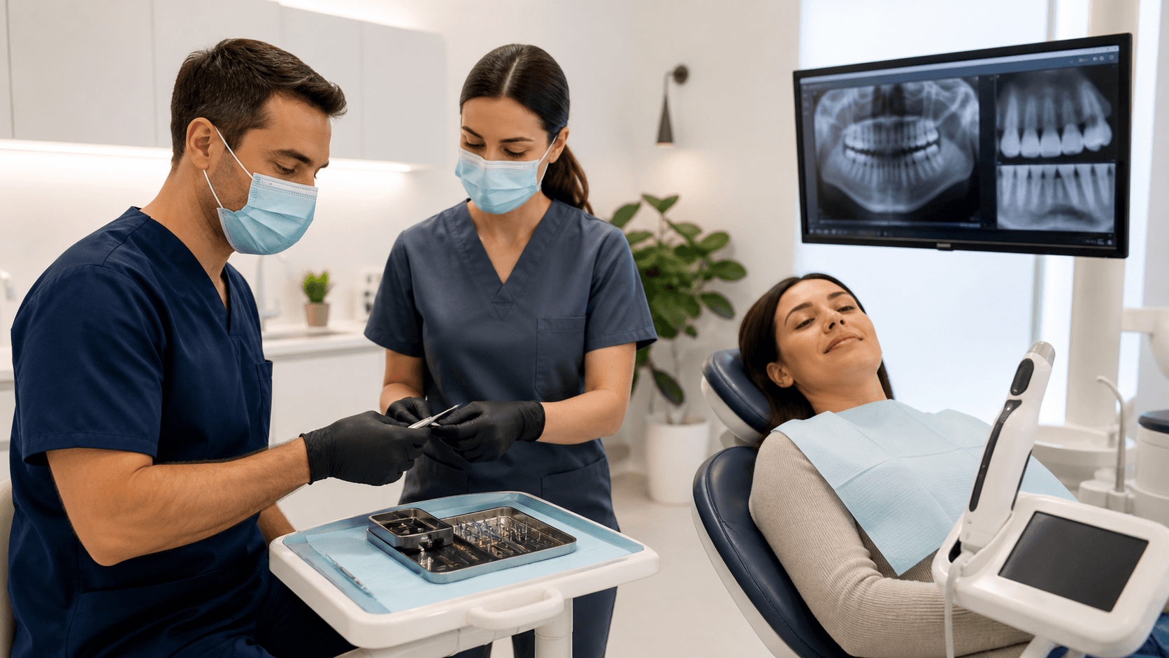Dentist in blue scrubs examining a patient’s teeth under a bright overhead clinical light.