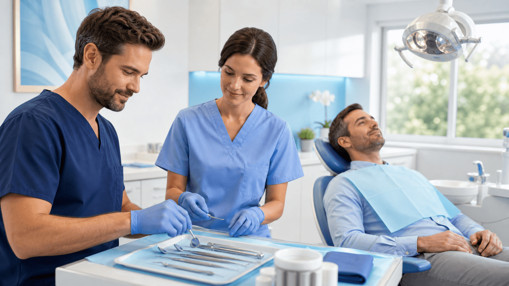 Bright modern dental operatory with white chair, overhead light, blue accents, and neatly arranged instruments.