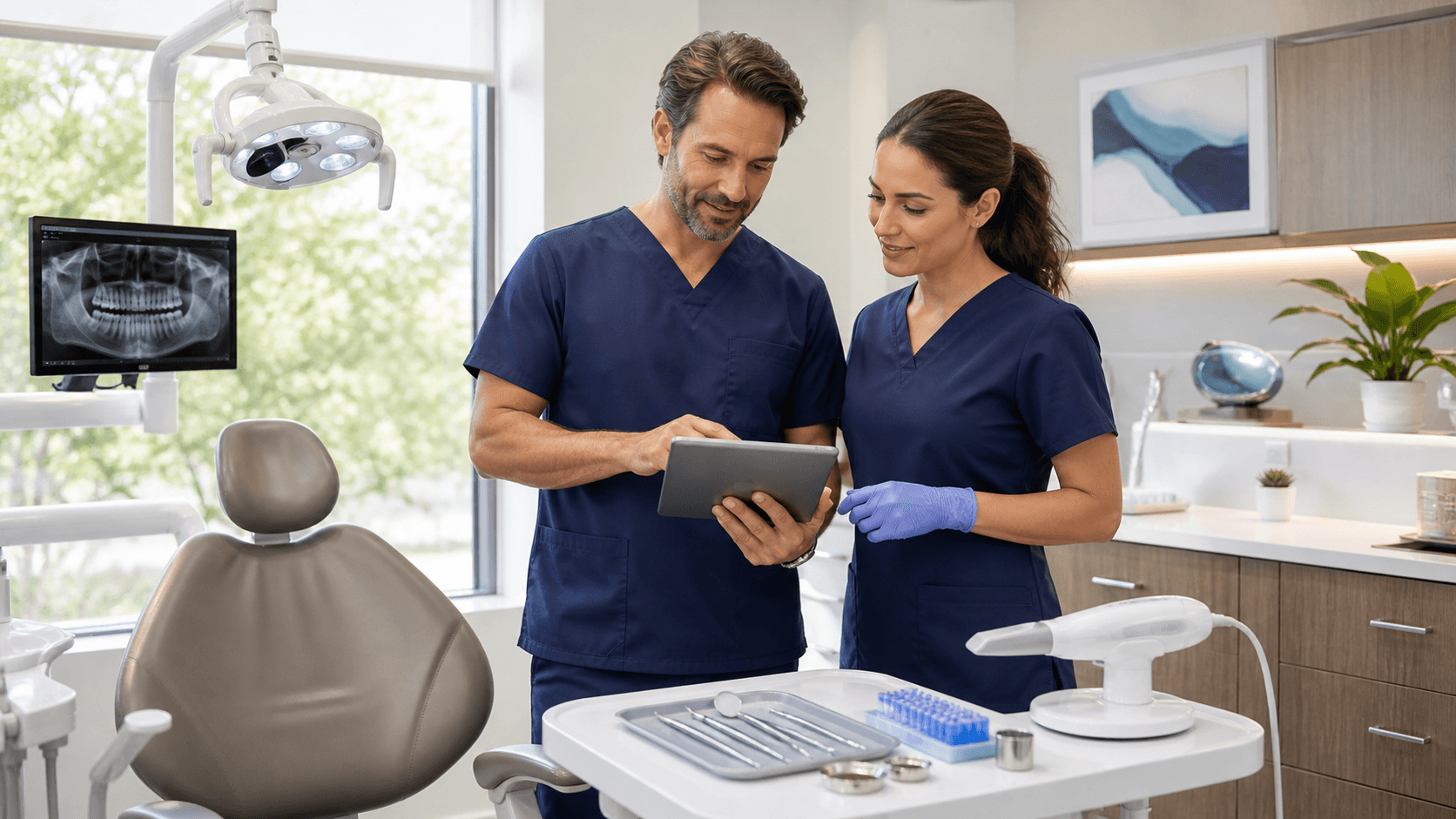 Modern dental operatory with a sunlit chair, digital monitors, and neatly arranged clinical instruments.