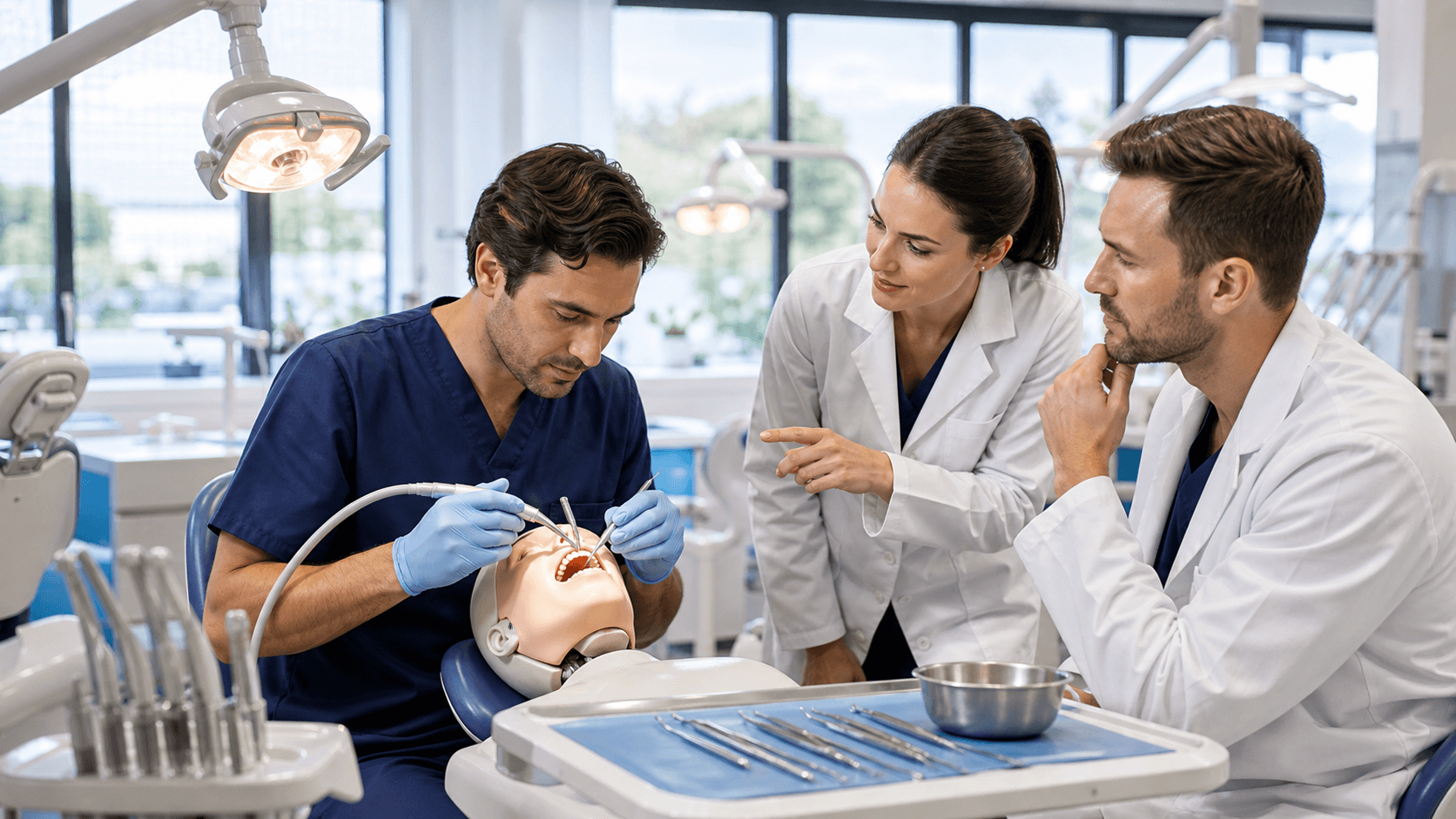 Dentist in a white coat reviews dental X-rays beside a sunlit clinic chair and modern equipment.