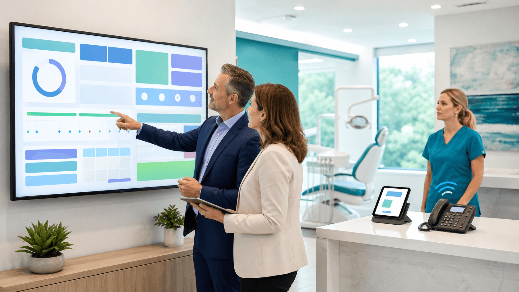 Dentist in a white coat reviews digital charts on a monitor beside a patient chair in a bright modern clinic.
