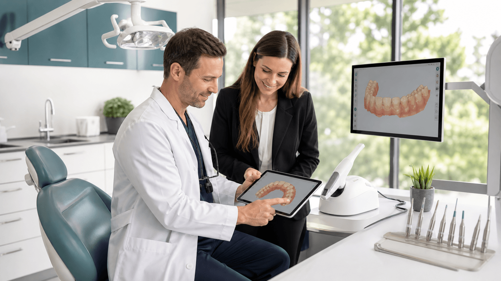 Dentist reviews digital patient charts on a monitor in a bright, modern clinic.