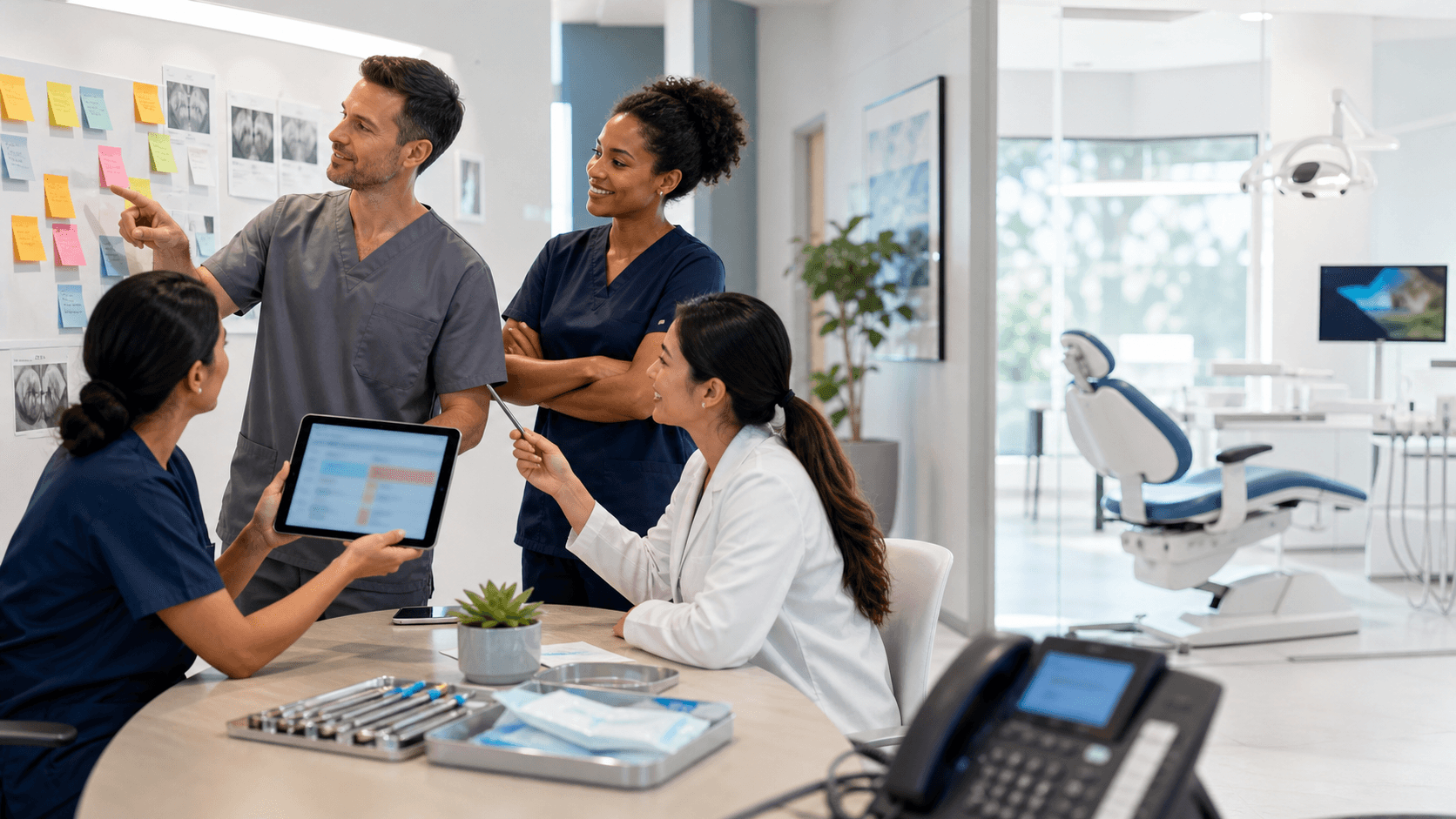 Modern dental office scene with a dentist in scrubs beside a chair, blue accents, bright clinical lighting.