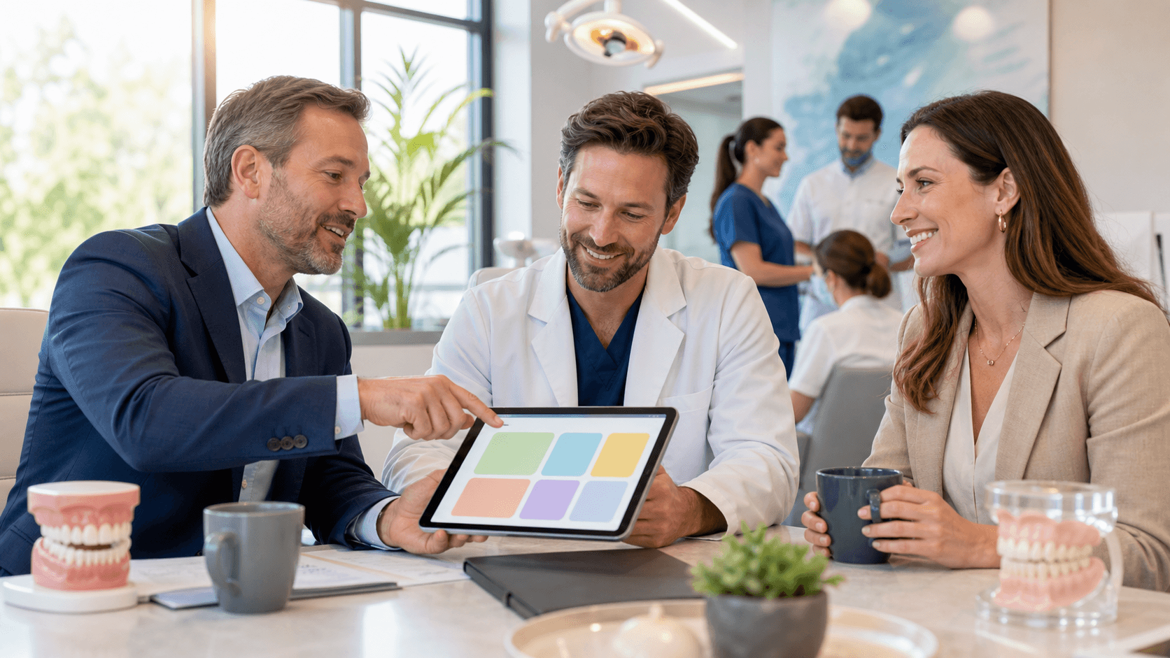 Split illustration of a dentist coaching at a desk and mentoring in a bright dental office