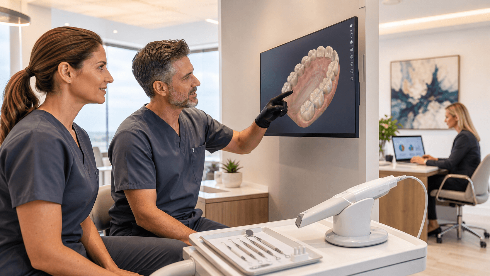 Modern dental office scene with a robotic arm beside a dentist chair, blue-white lighting and sleek digital screens