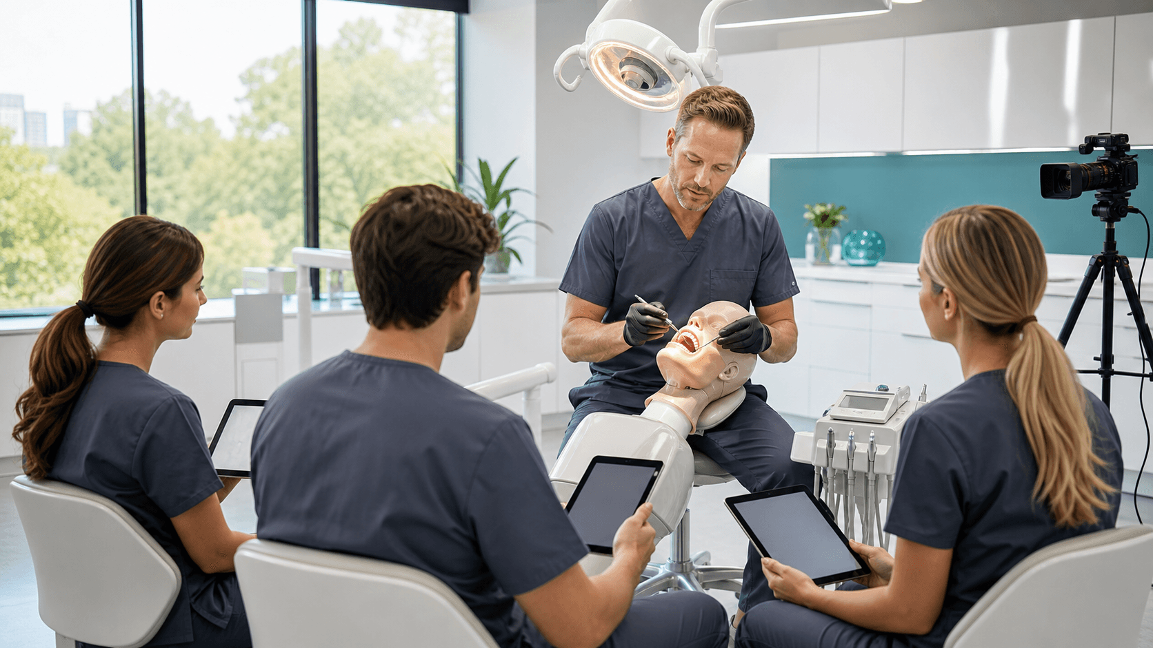 Dentist reviews a digital course dashboard beside accreditation papers in a bright, modern office.