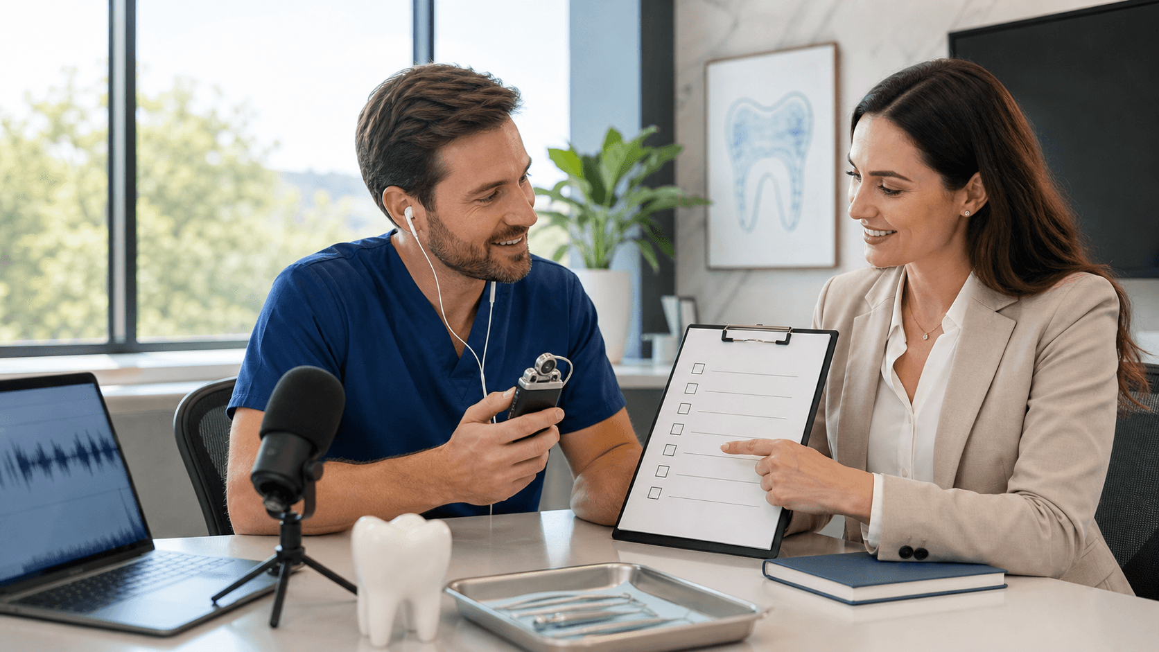 Blue and white microphone beside a tooth icon and checklist on a clean, bright background.