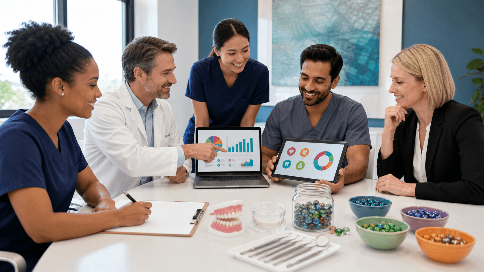 Blue-toned dental office scene with a tooth icon above charts and graphs on a tablet under soft, clean lighting.