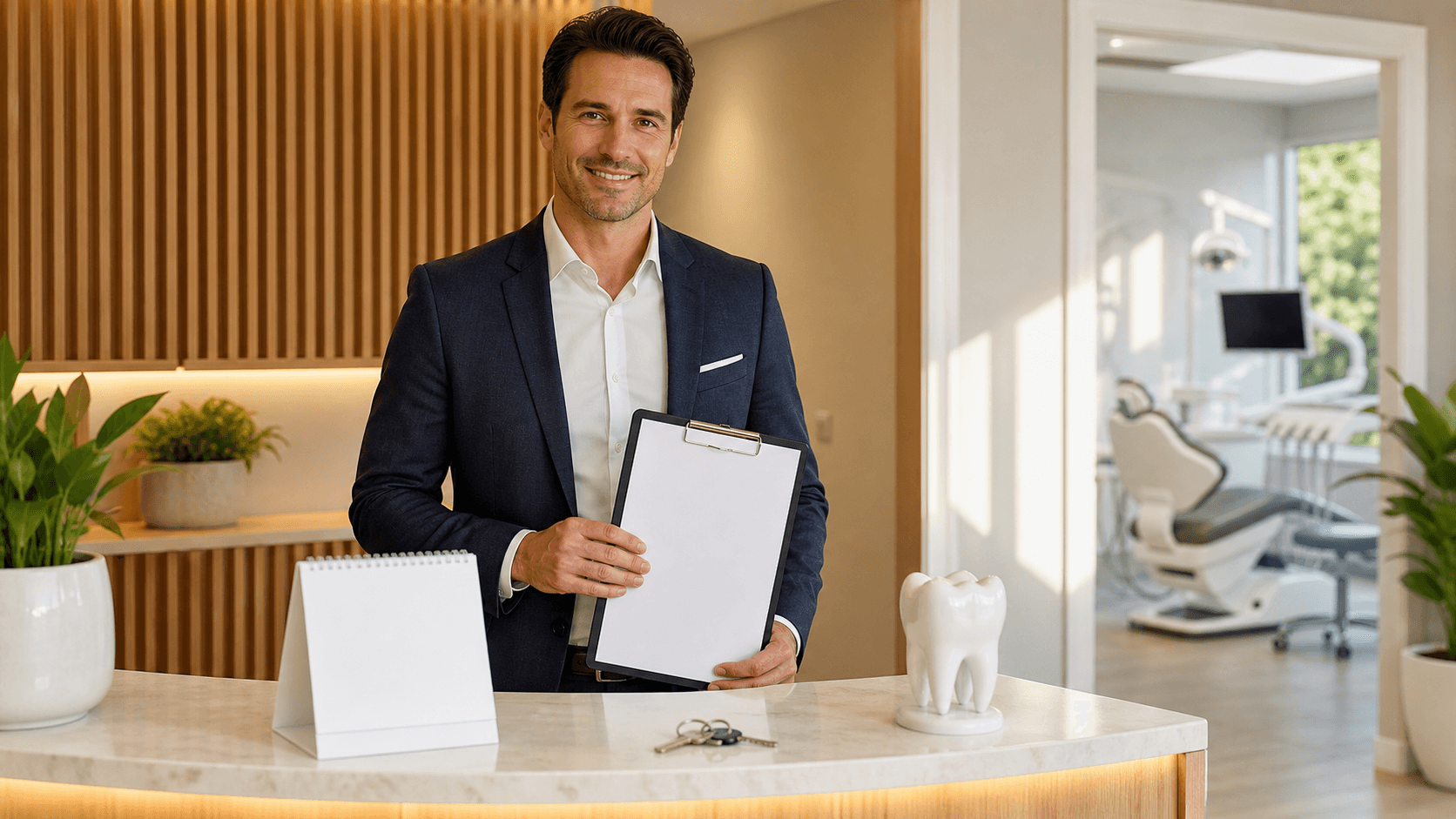 Dentist in white coat studies a 90-day calendar beside a small clinic model under warm office light.