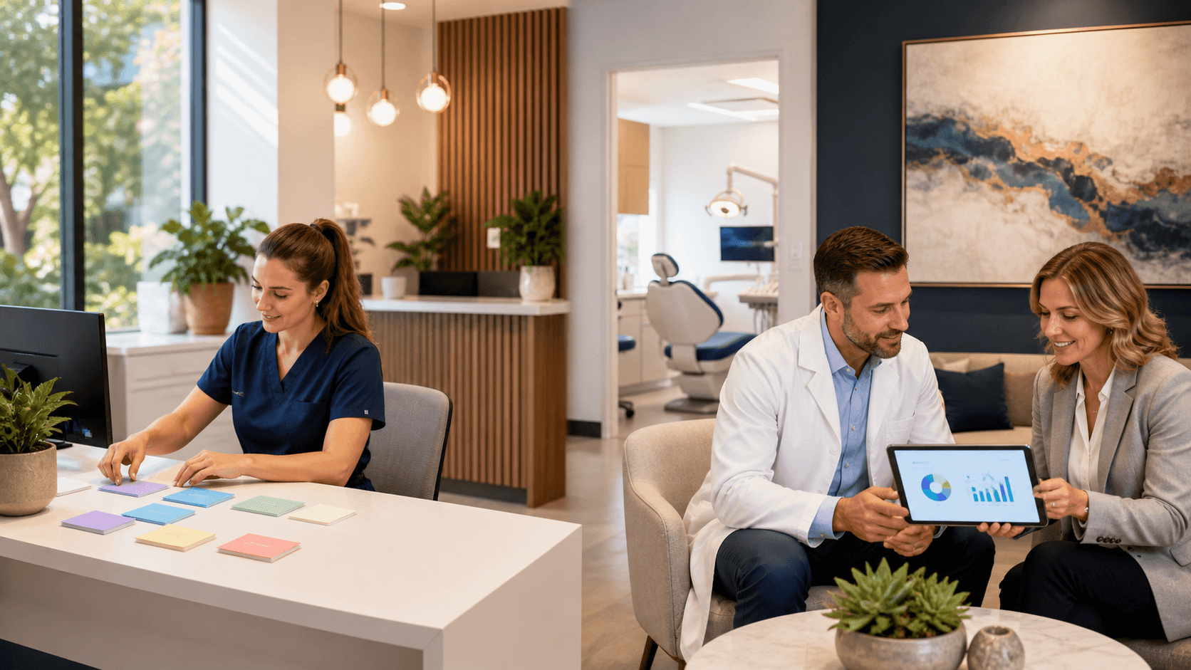 Split-screen dental office scene with a dentist team on one side and a remote marketing team on the other.