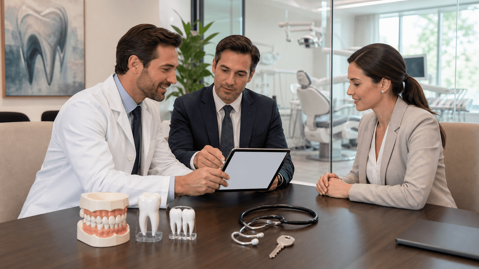 Dentist hand signs a contract on a clipboard, with a gavel and dental tools on a bright blue desk under soft light