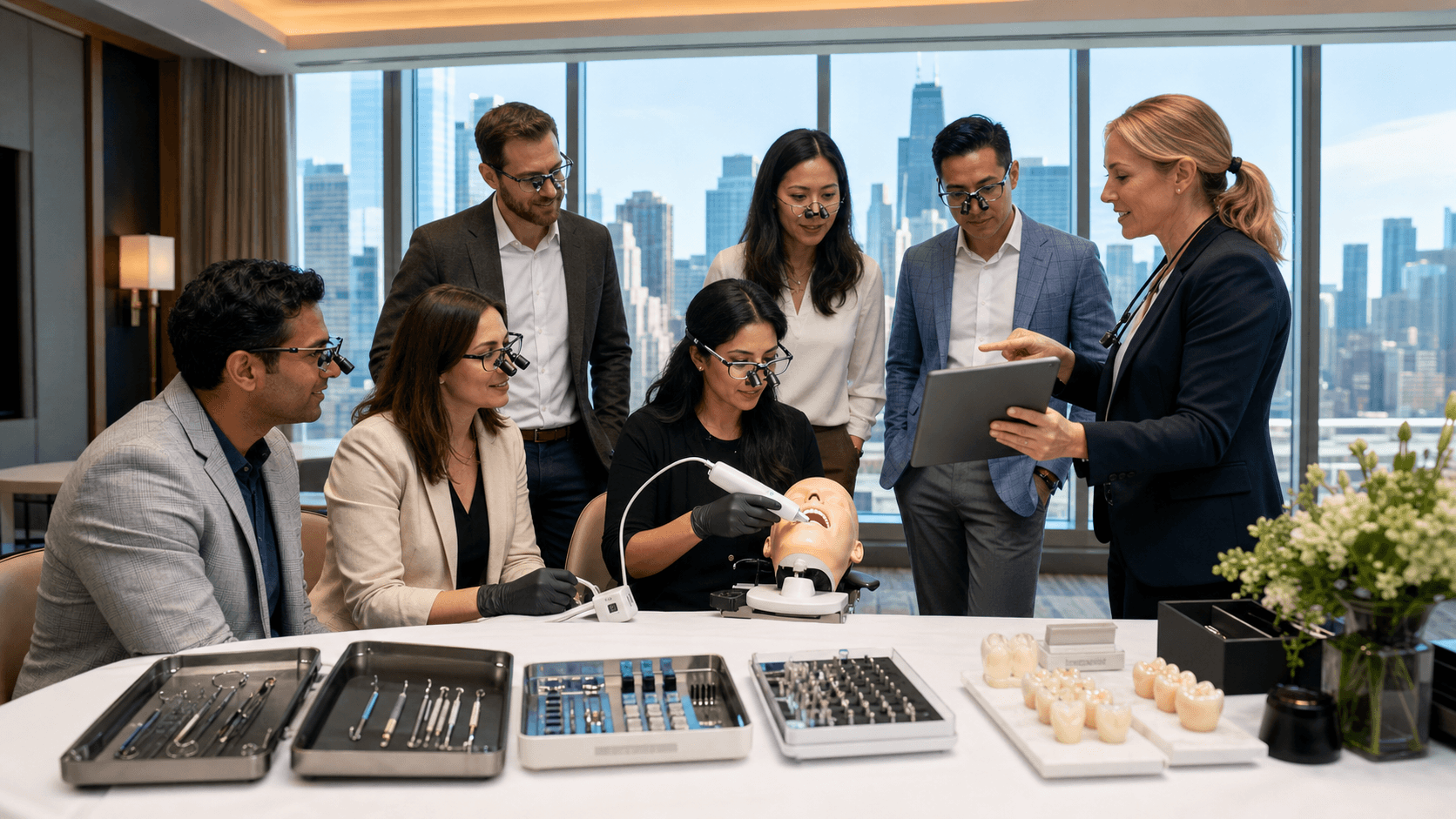 Modern dental training room with sleek chairs, bright lighting, and Chicago skyline visible through large windows
