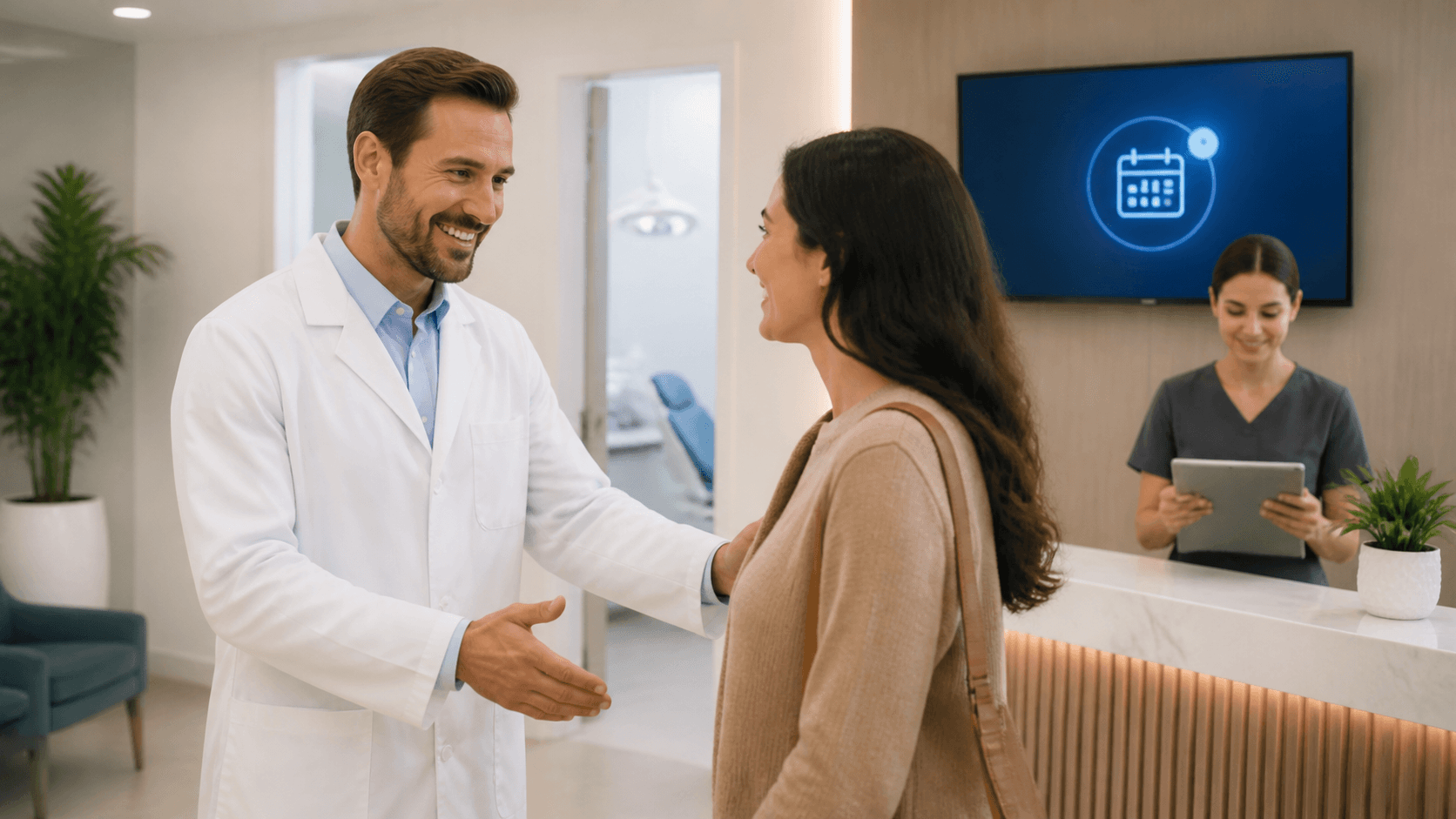 Dentist and patient smiling beside a glowing digital interface in a bright, modern clinic.