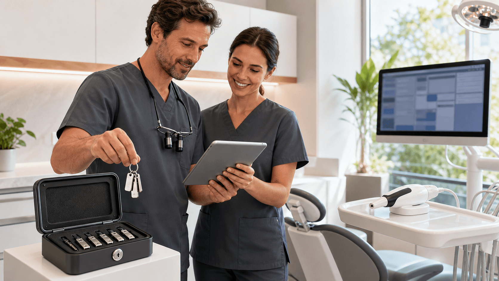 Dentist in blue scrubs uses a tablet beside a dental chair, with glowing digital icons in a bright white clinic.
