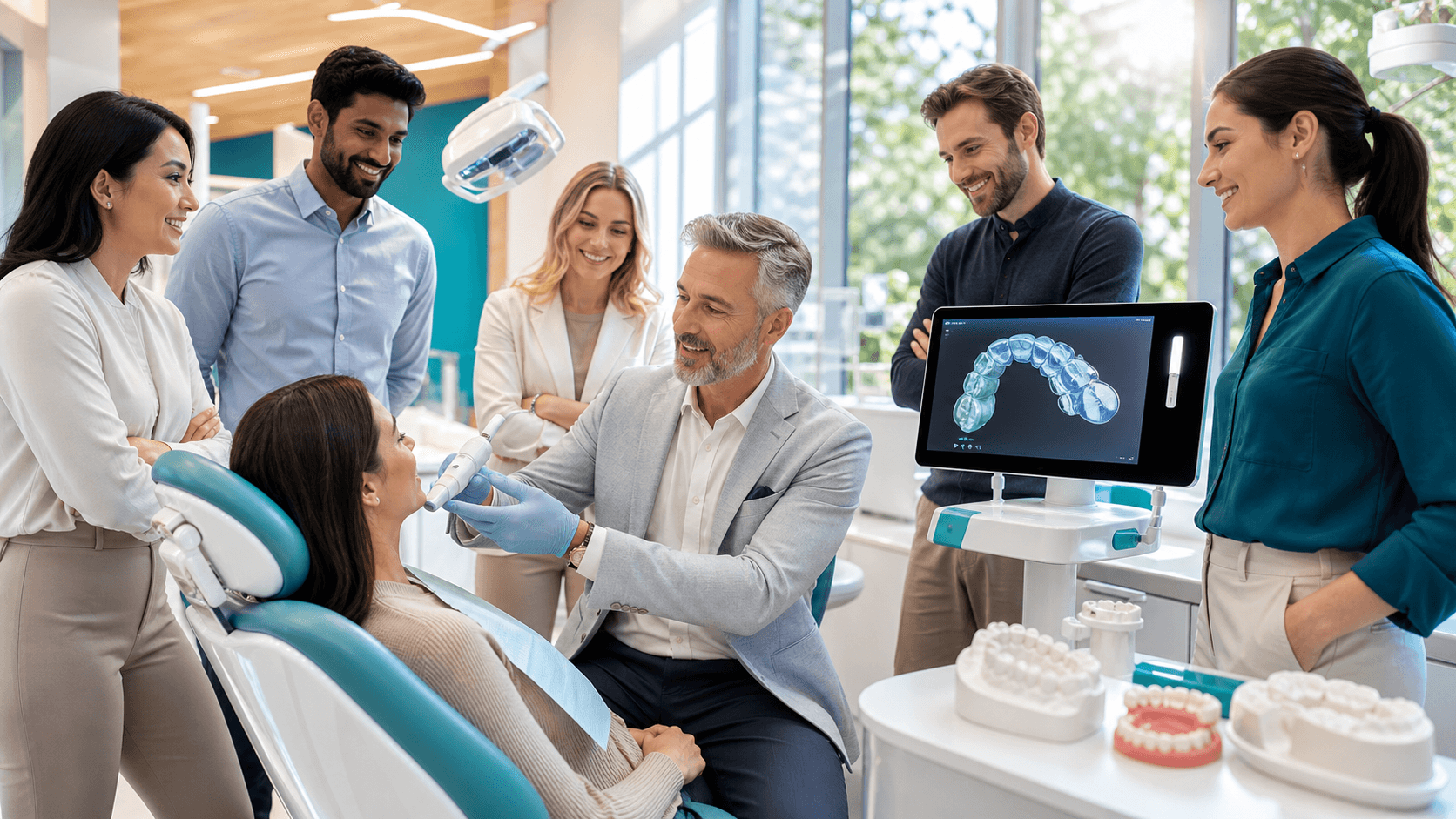Dentist in a bright modern clinic reviews a digital dental scan with colleagues around a screen.