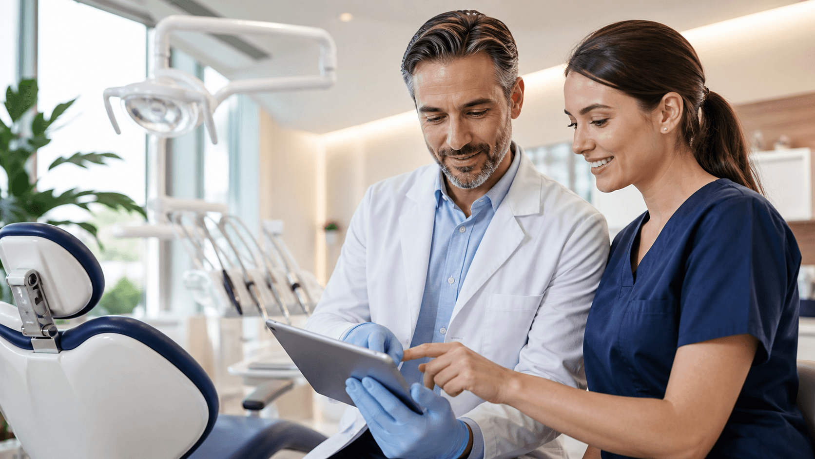 Dentist uses a laptop with AI graphics beside a dental chair in a bright, modern clinic.