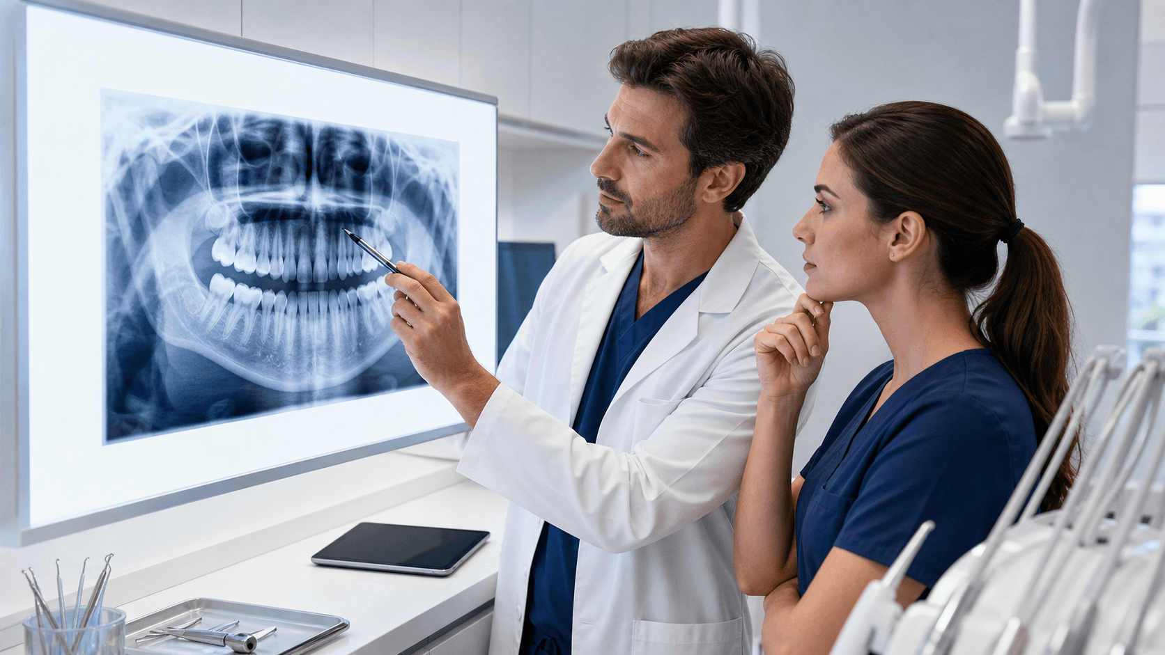 Dentist in blue scrubs reviews dental X-rays and question cards on a bright clinic desk.