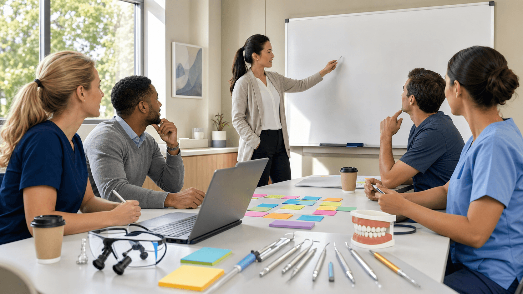 Dental tools and a notepad with a large question mark on a clean white desk under bright, soft lighting