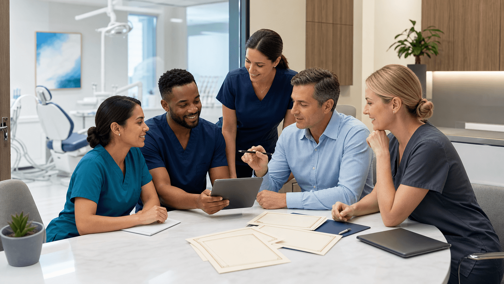 Dentist in blue scrubs studies a clipboard with a question mark, framed by soft teal gradients and dental icons.