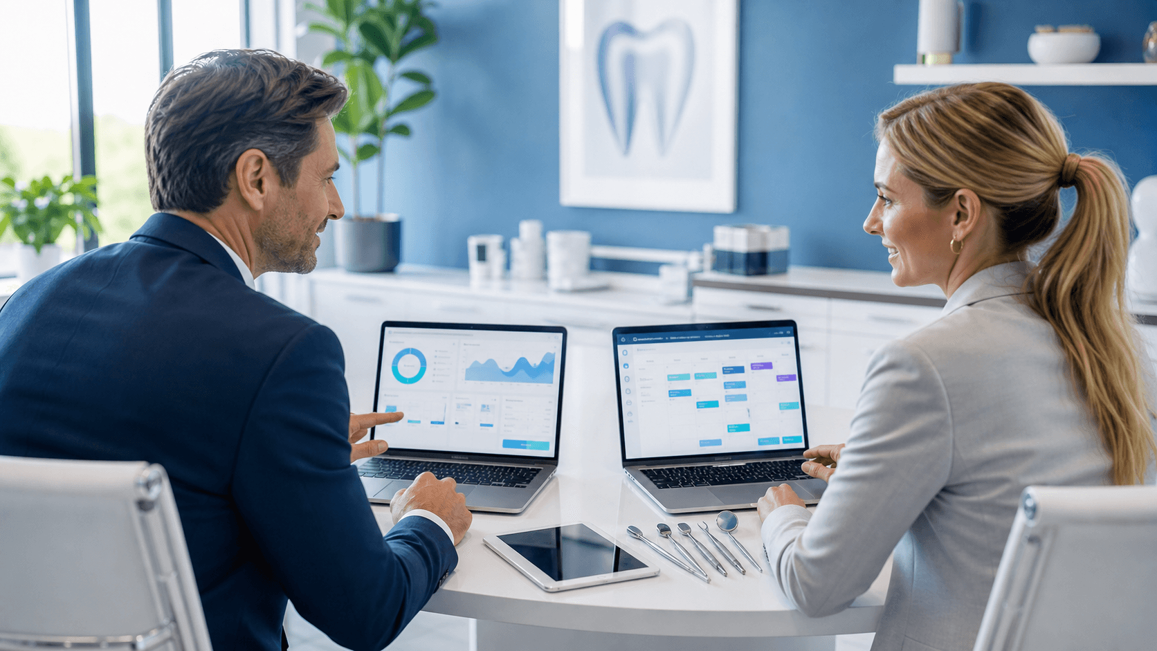 Dentist reviews dental software on a laptop beside a clipboard and pen in a bright modern office.