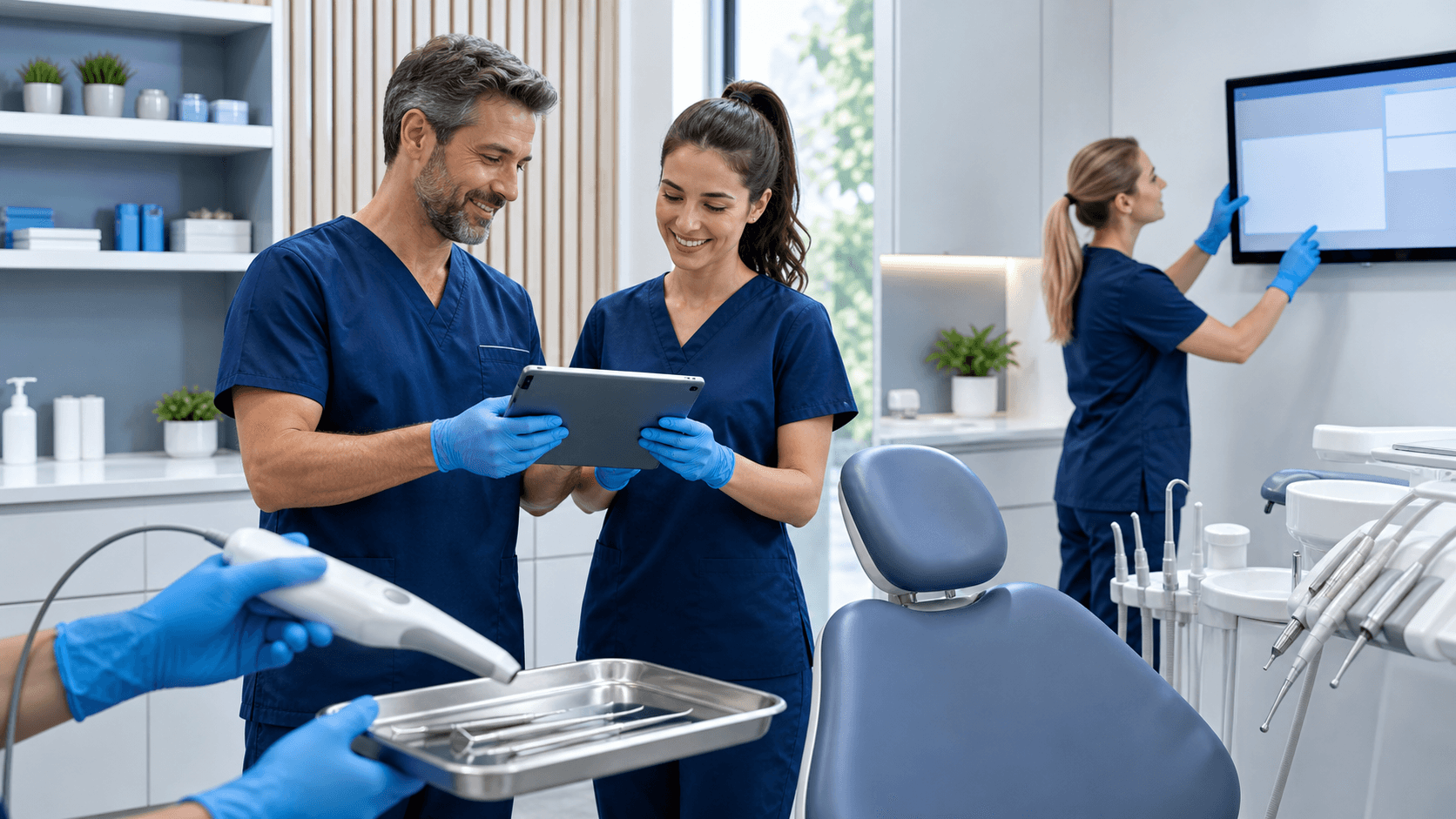 Dentist in blue scrubs studies a clipboard in a bright clinic, with dental tools and a chair in the background.
