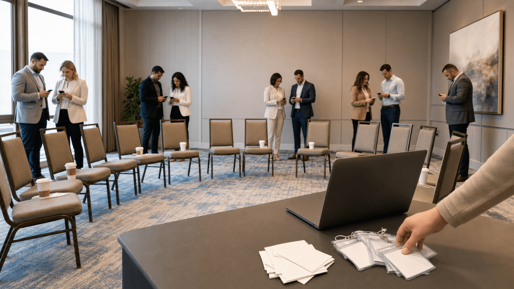 Blue-toned dental conference scene with empty chairs, scattered name badges, and a lone microphone under soft lighting.