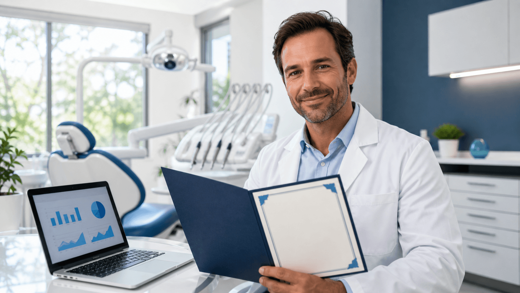 Dentist in a white coat reviews documents beside a laptop in a bright, modern office.