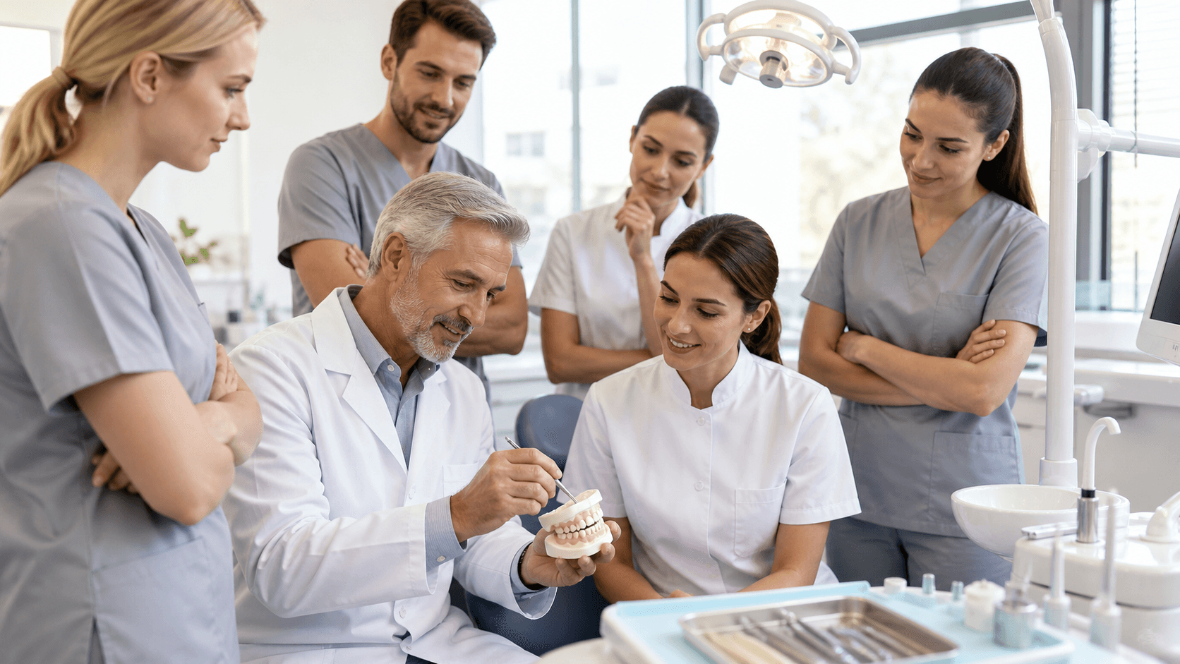 Two dentists in white coats discuss notes beside a sunlit office window with soft blue and beige tones.