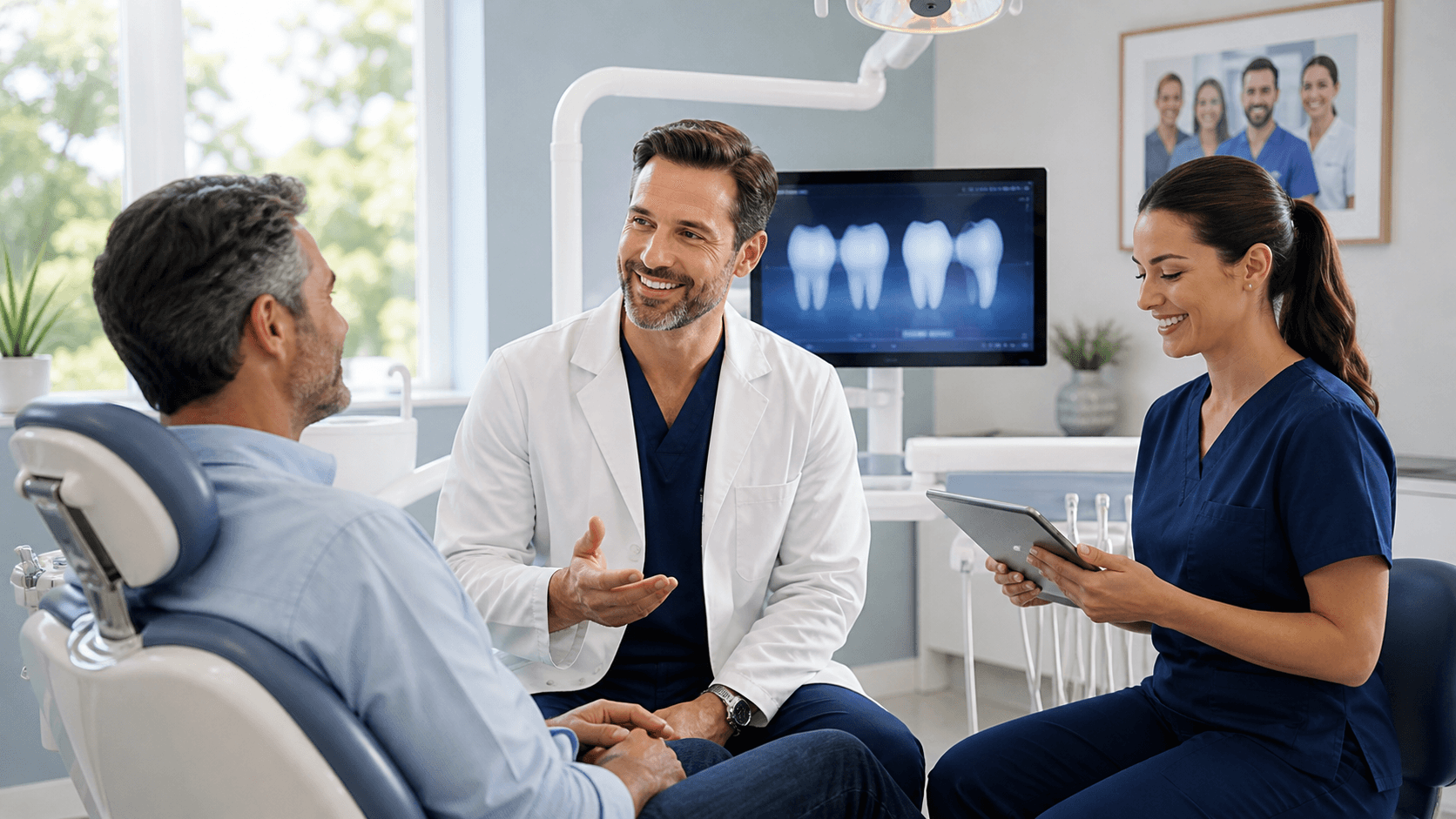 Dentist in a bright modern office reviews digital scans on a tablet beside a patient chair.