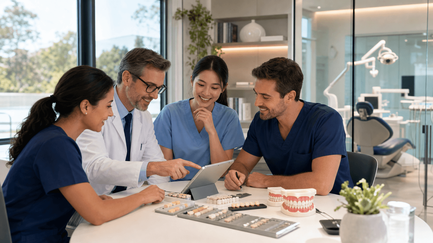 Sunlit modern dental office with a smiling dentist, tooth model on desk, and strategic icons on a blue overlay