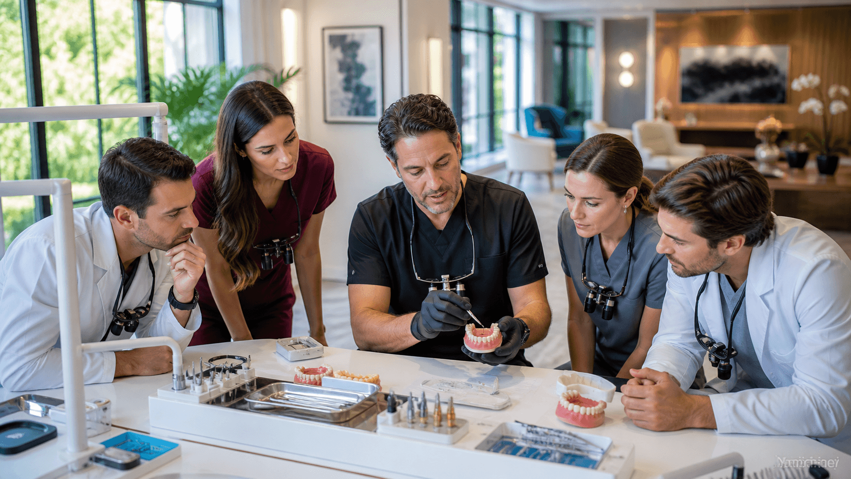 Dentist in blue scrubs practices on a dental model in a bright, modern training clinic.
