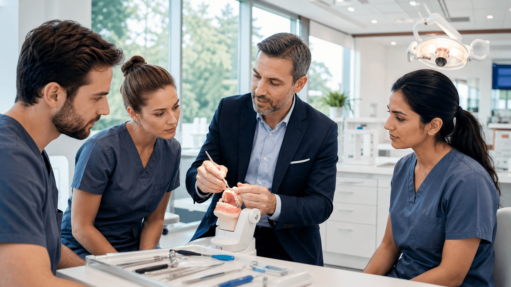 Dentist mentors confer with colleagues in a bright, modern classroom with blue accents and presentation screens.