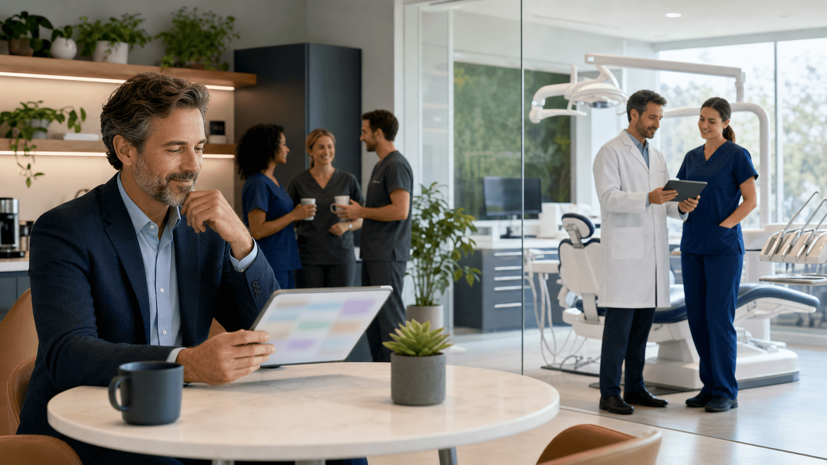 Smiling dentist in white coat stands in a bright modern clinic with dental chair, tools, and soft daylight.