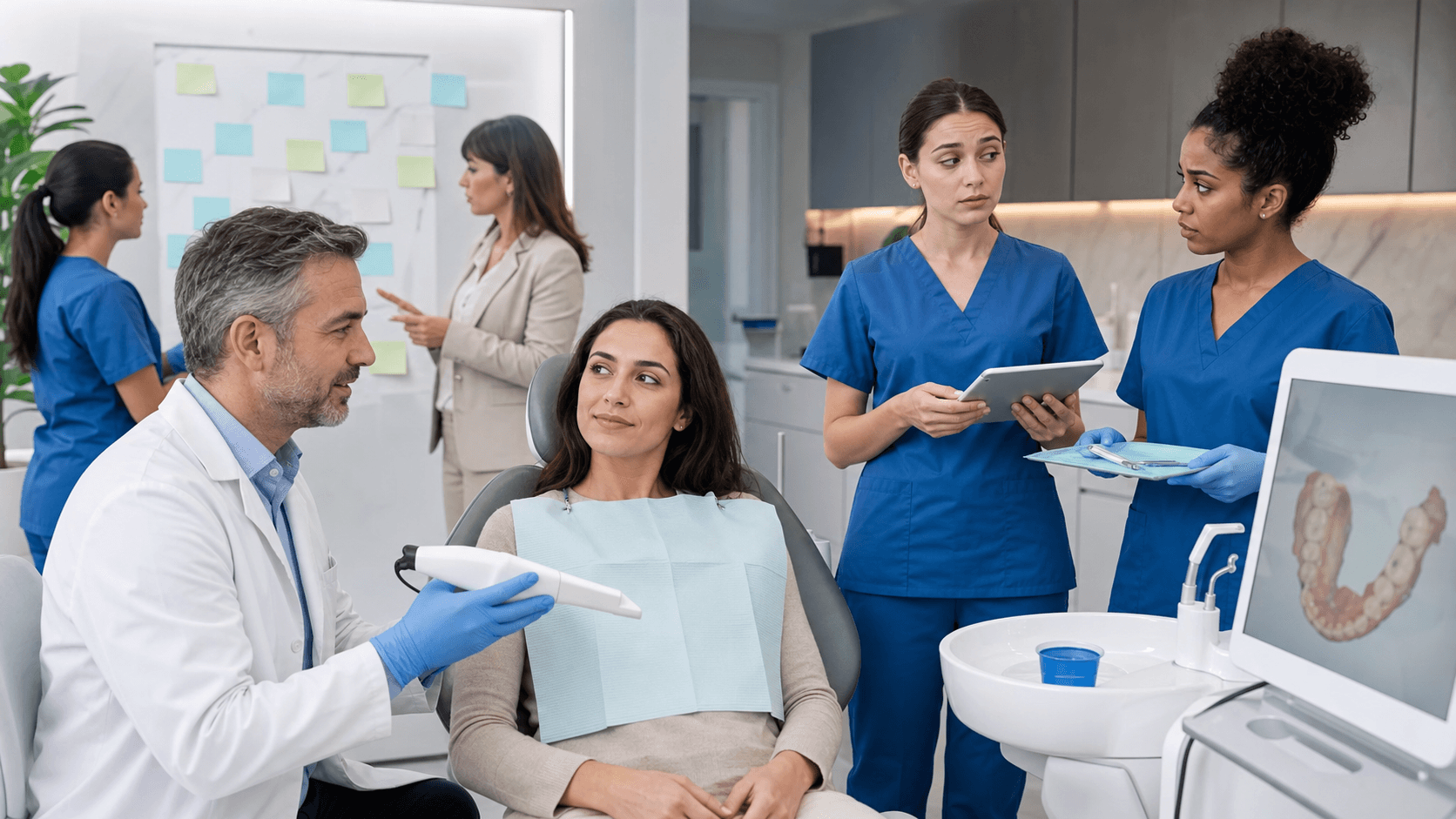 Modern dental clinic with glowing digital overlays above staff silhouettes, cool blue lighting, split-screen composition