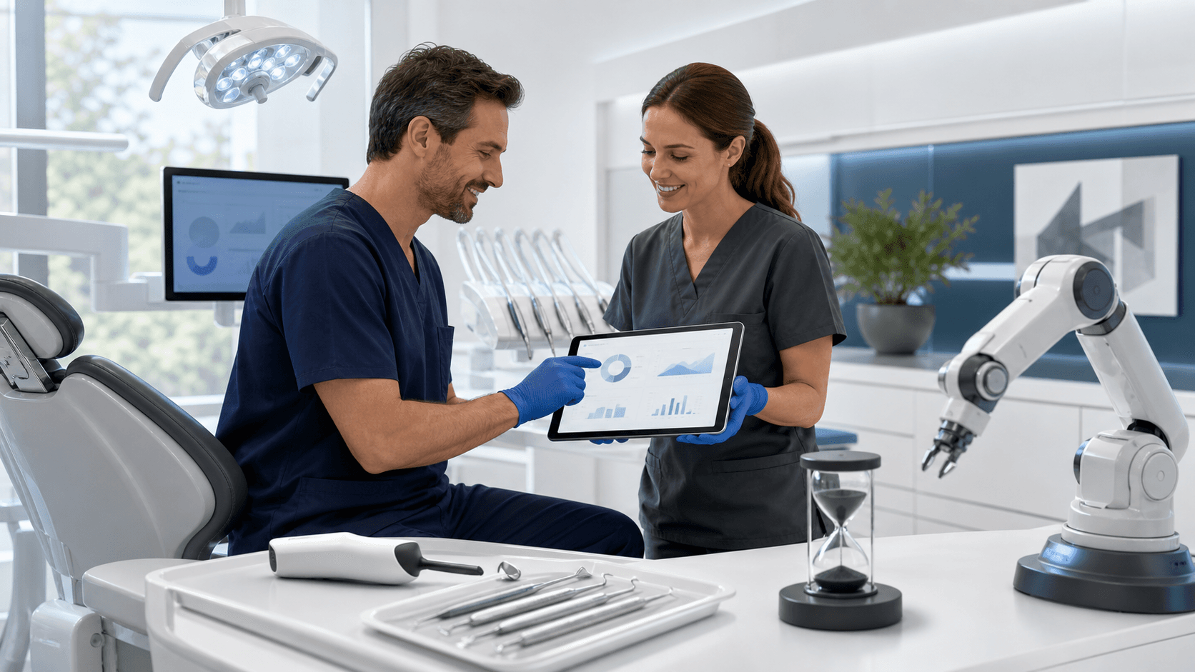 Robotic arm hovers over a dentist chair in a dim clinic, blue glow from digital screens in the background.